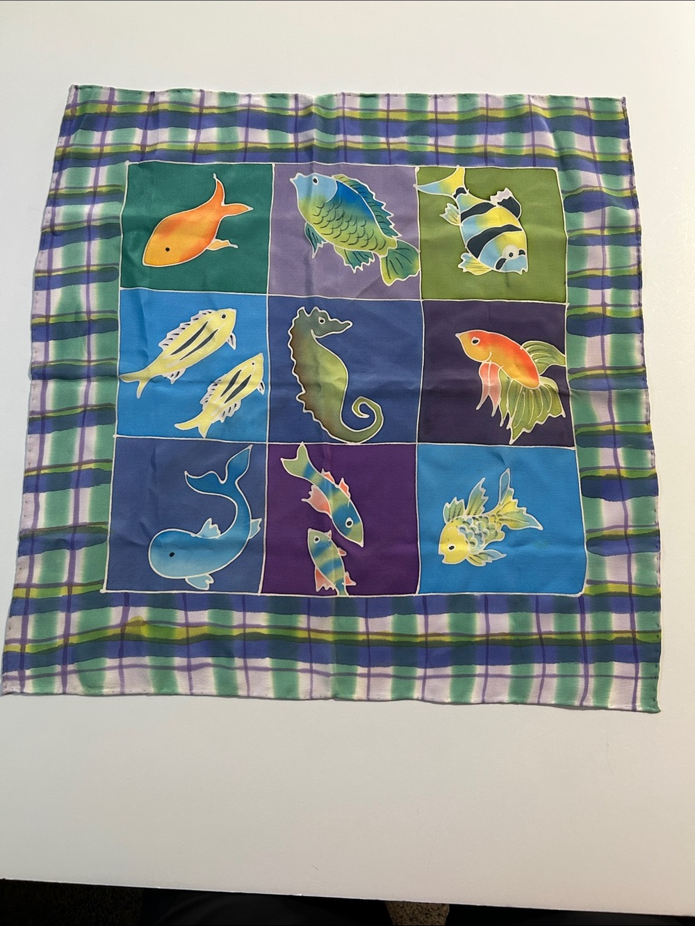Vintage 100% Silk Tropical Fish Scarf Ocean Sea Life Plaid Border Square Scarf